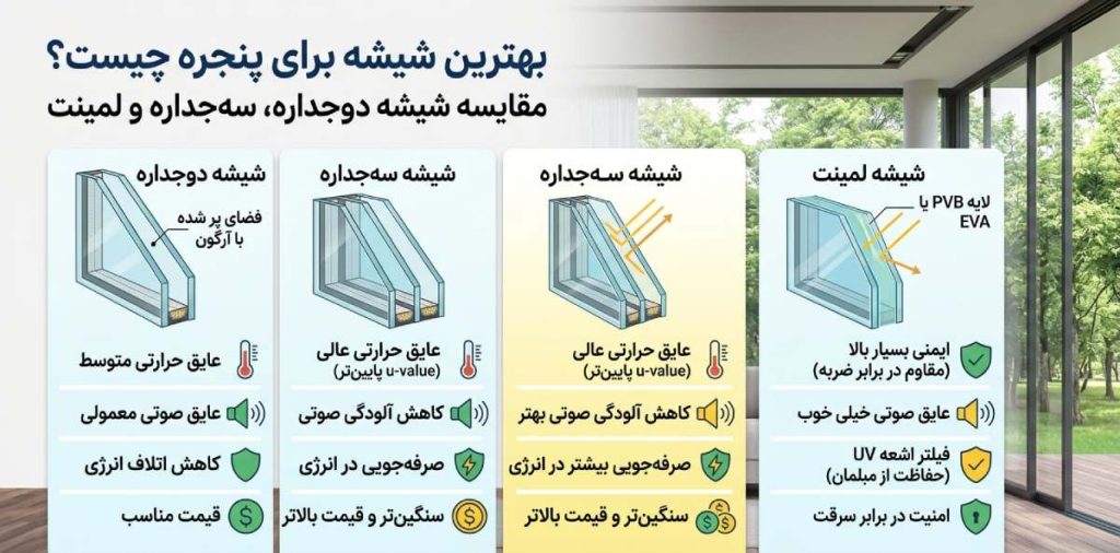 بهترین شیشه برای پنجره چیست؟ مقایسه شیشه دوجداره، سه‌جداره و لمینت